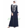 Front open abaya with embroidery- Blue-White Front open abaya with embroidery- Blue-White